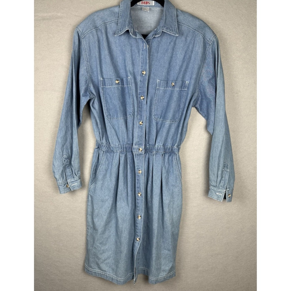 Vtg 90s Fads Women's Midi‎ Denim Dress Tradwife Cottagecore Western Button Up L